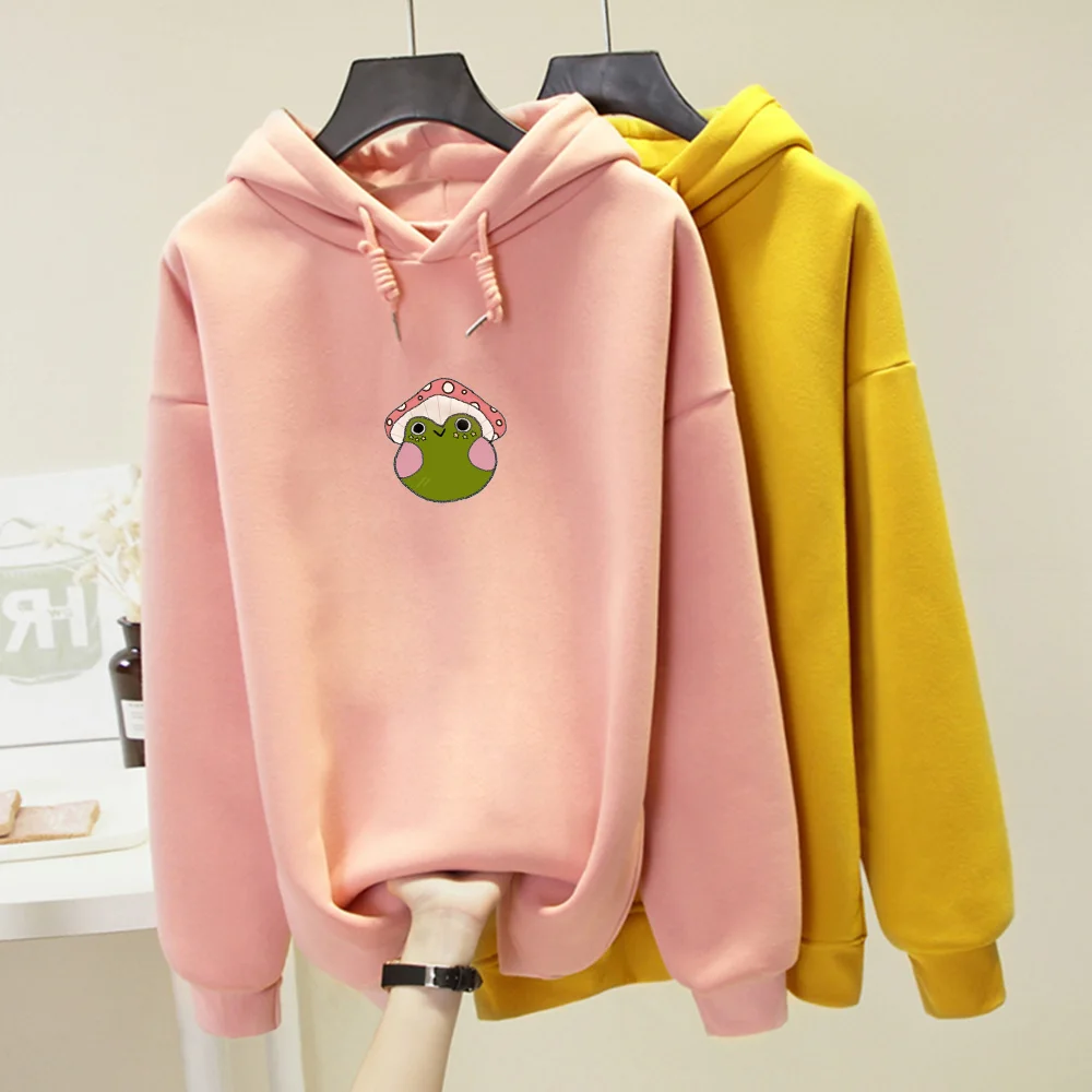 Vintage Sweatshirt Loose Pink Hoodies Women Aesthetic Frog Streetwear Unisex Top Aesthetic Fleece Drawstring Pullover Sweetshirt