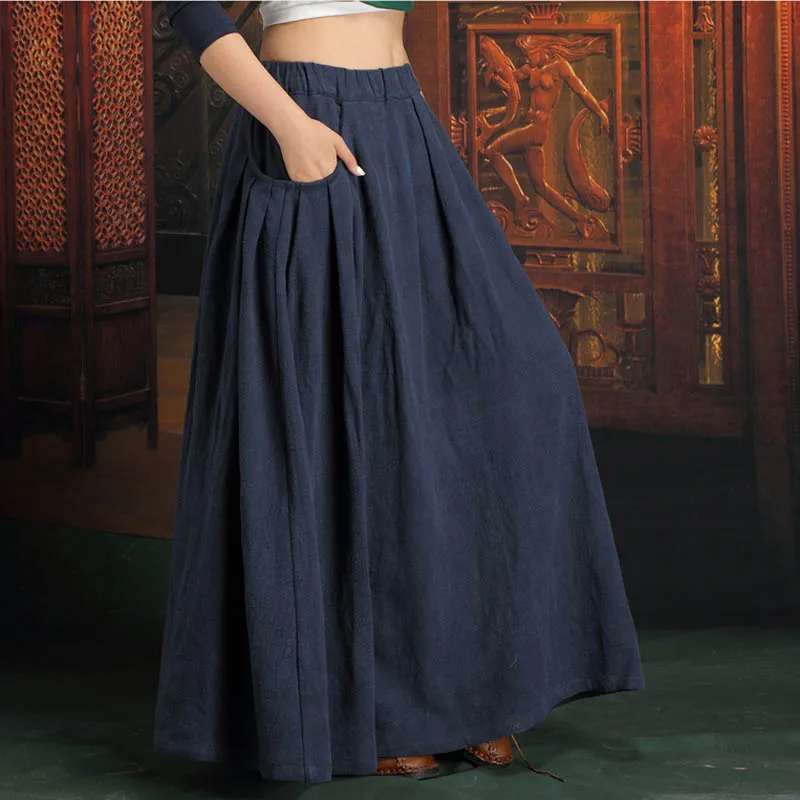 

2019 Plus Size 4XL 6XL 5XL XXXXXL Vintage Casual Black Cotton and Linen Streetwear Folds Female Long Maxi Skirts With Womens