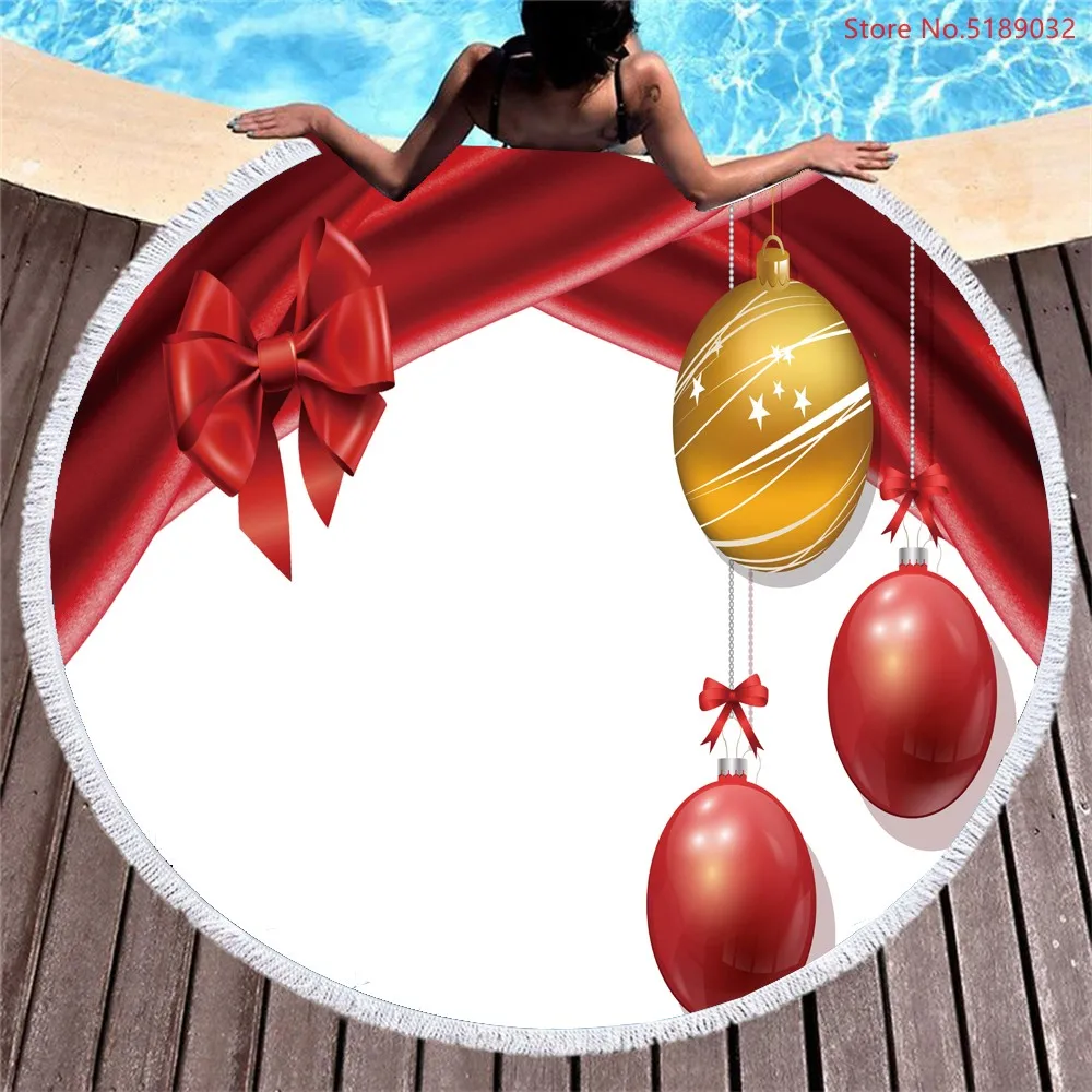 

150cm Christmas Decor Beach Towel Cartoon Santa Claus Bath Towel Round Shower Towel with Tassel 3D Print Decor Beach Towel