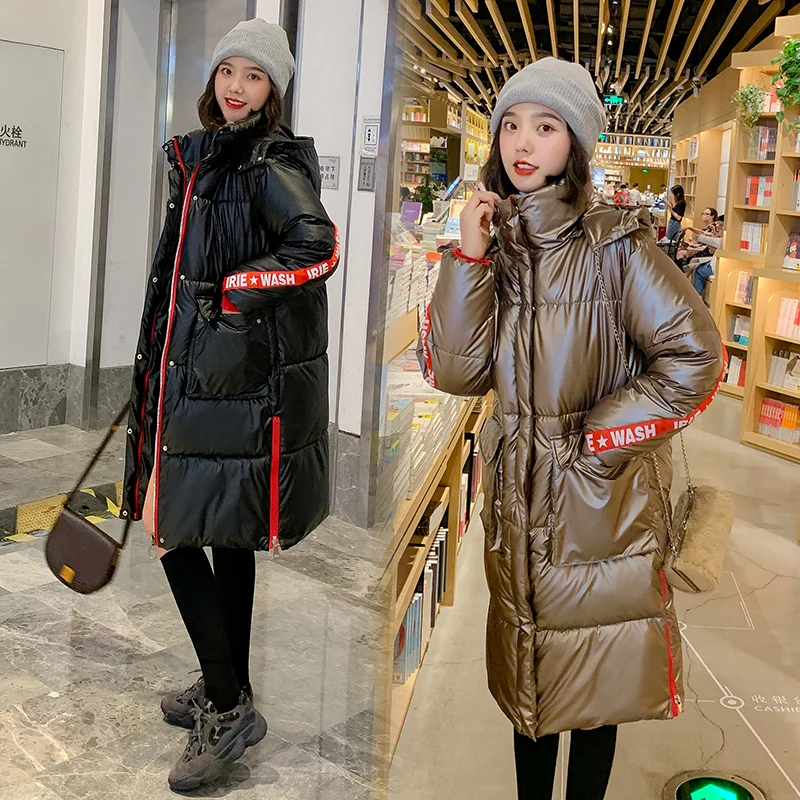 2019 New Special Metal Material Bright Hooded Jacket Women Winter Warm Coat Femal Padded Long Parkas Bomber Outfits Parka | Женская