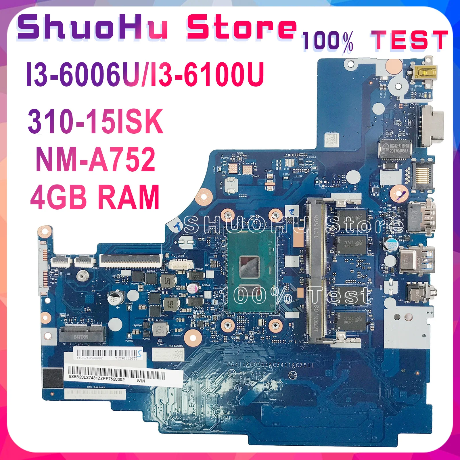 

KEFU NM-A752 Motherboard For Lenovo 510-15ISK 310-15ISK Laptop Motherboard I3-6100U/6006U CPU 4GB RAM original Tested