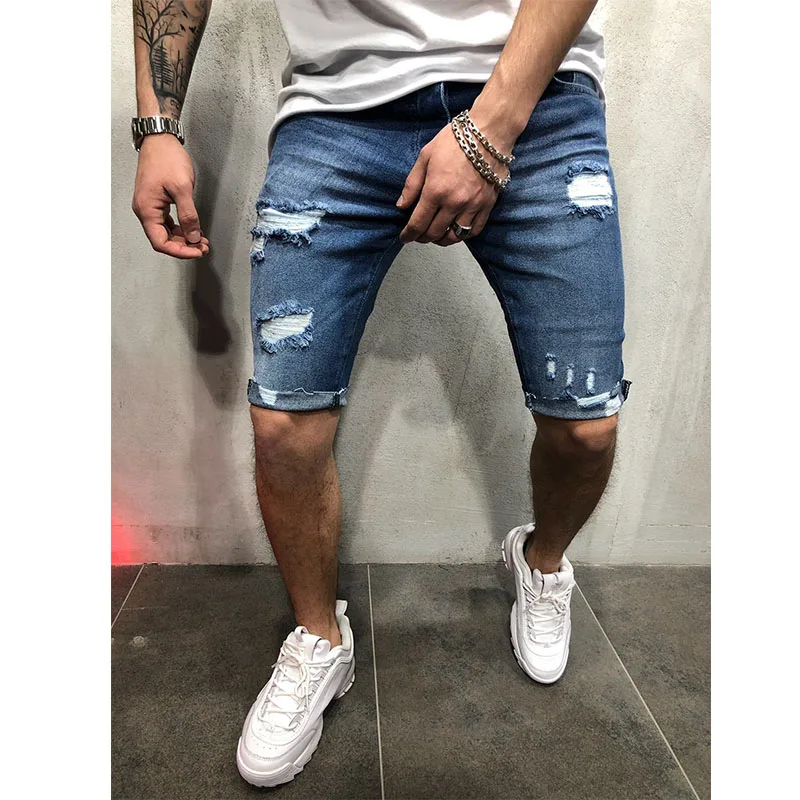 

Mens Jeans New Denim Pants Holes Slim Slim Men's Trousers Men's Shorts Jeans Knee Length Blue Men Jeans Fashion Men Clothing