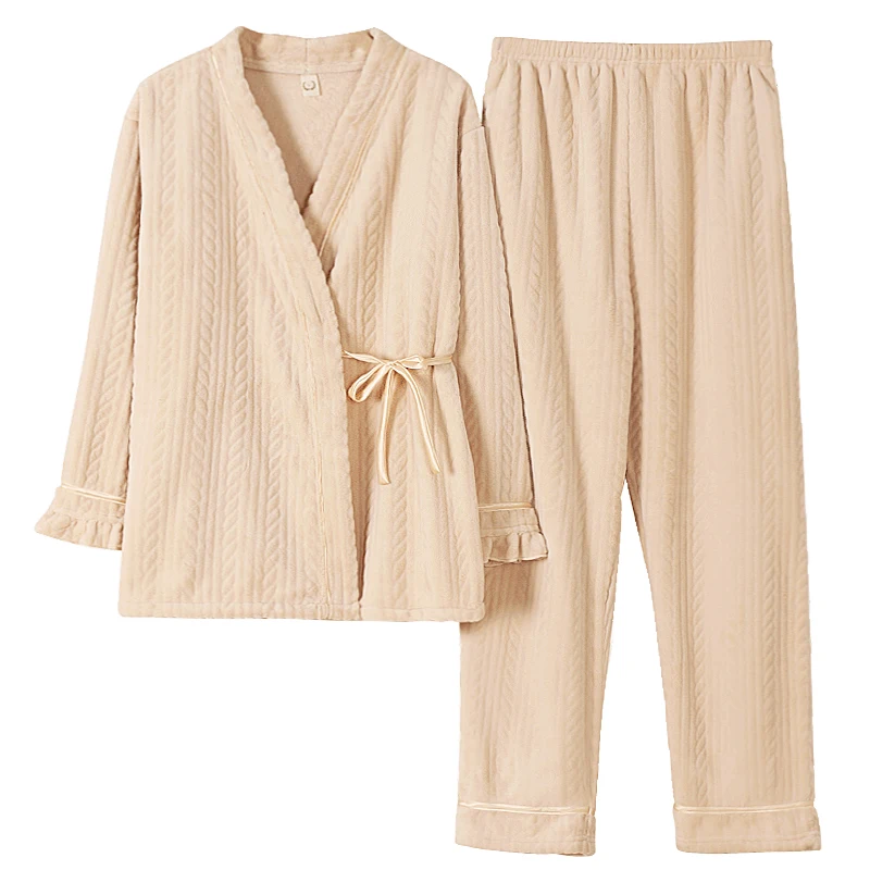

Warm Flannel Home Suit Soft Thick Pijama Mujer Kimono Pyjama Simple Comfortable Nightwear 2PC New Winter Women's Pajama Set