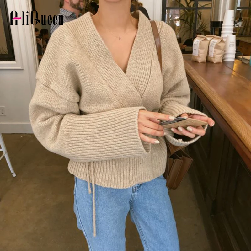 Женский вязаный кардиган с рукавами-фонариками свободный трикотажный свитер