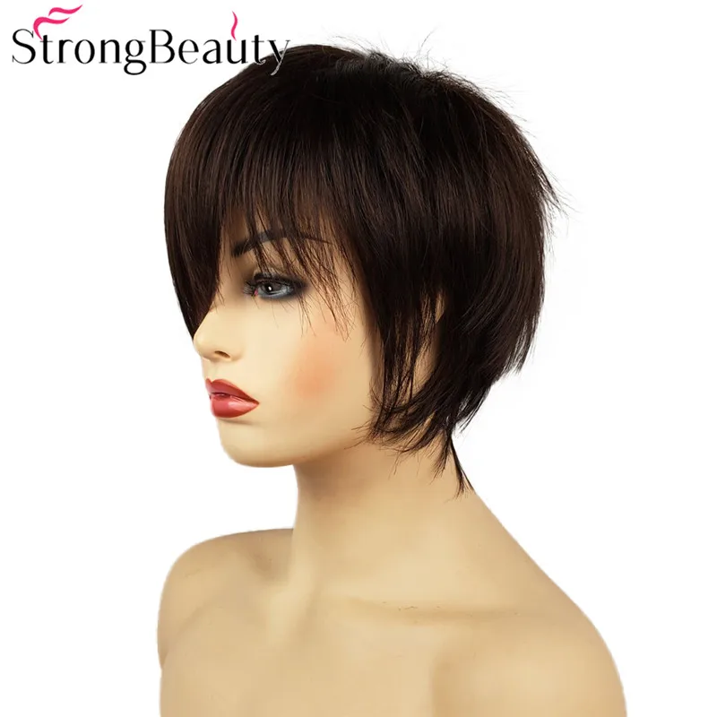 StrongBeauty короткие прямые парики натуральные волосы женские синтетические парики слоистые стриженные волосы парики