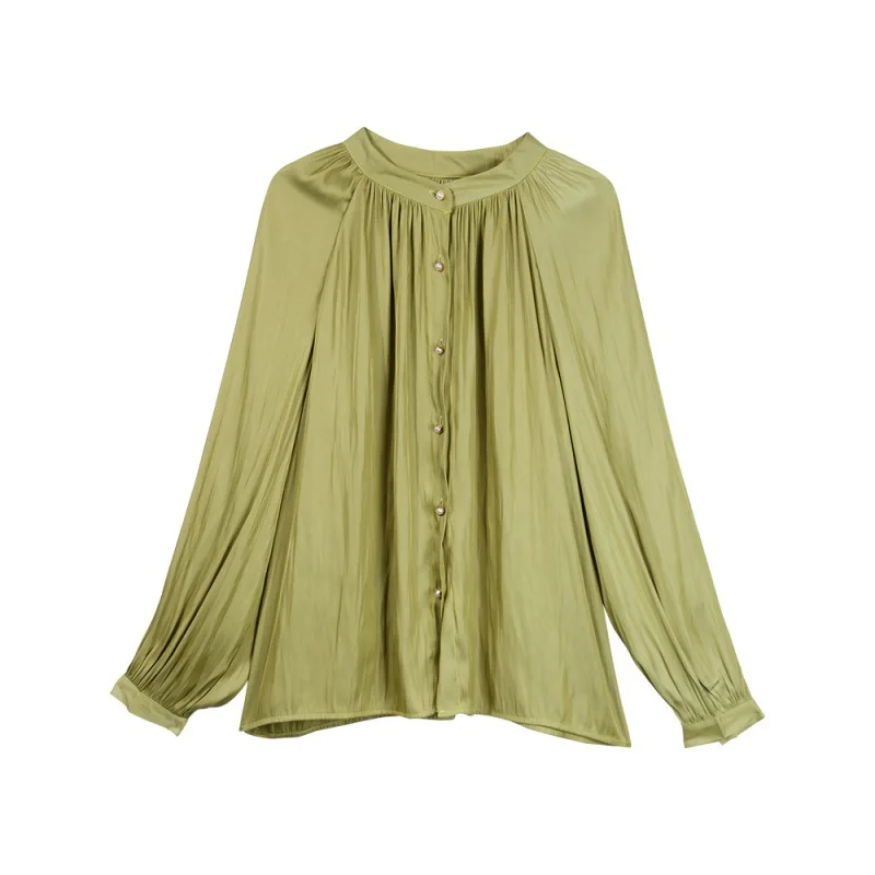 

Spring and Summer French Women Shirt White Top Long-sleeved Glossy Silk Satin Shirt Retro Women 2021 Blouses