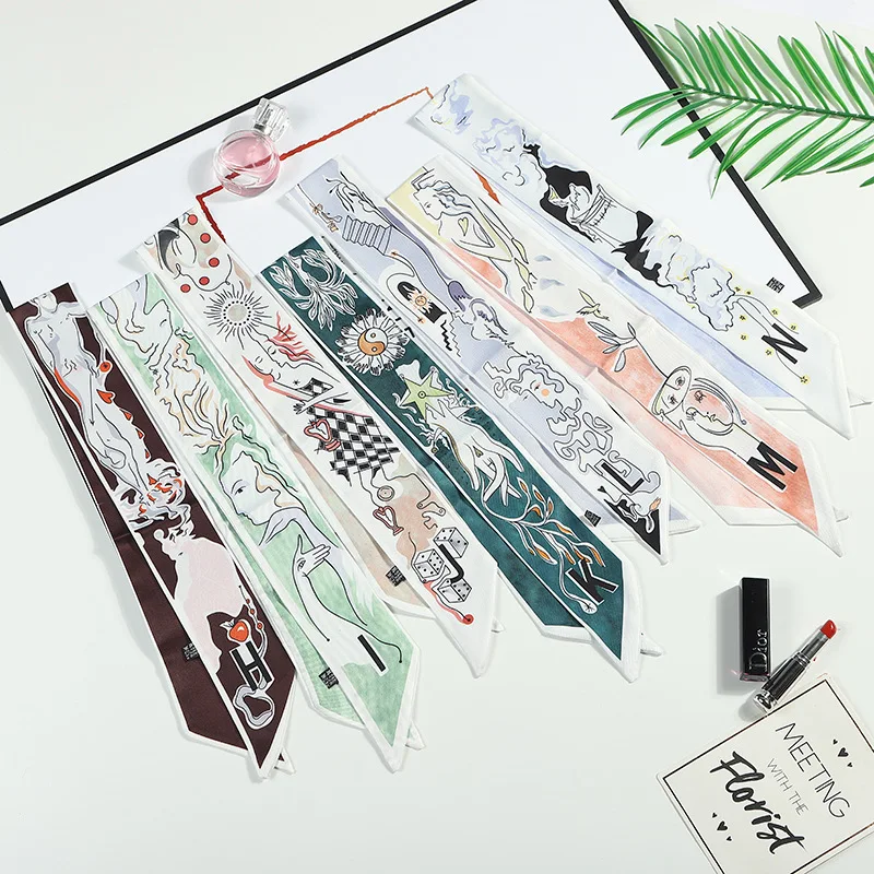 

96CM Women Multifunction Polyester Silk Scarf Hair Bands Elegant Printed Ribbon Headband Handbag Decoration Hair Accessories