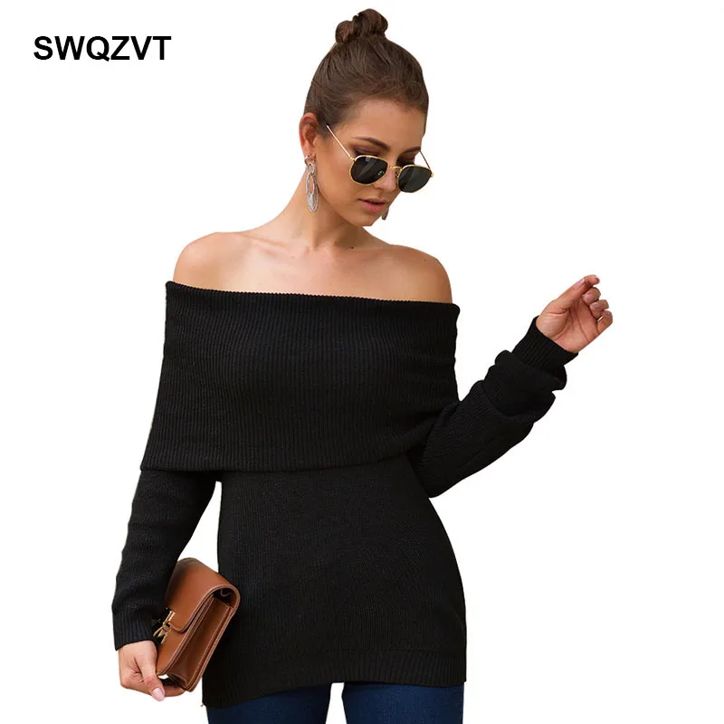 Женский трикотажный свитер облегающий пуловер с открытыми плечами на осень и