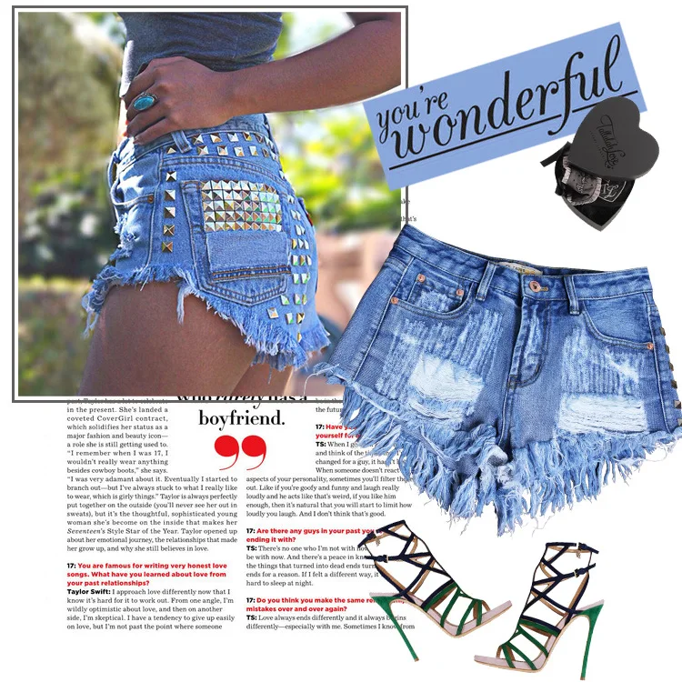 

2020 high quality Hole Denim Loose Shorts Studs Hot shorts