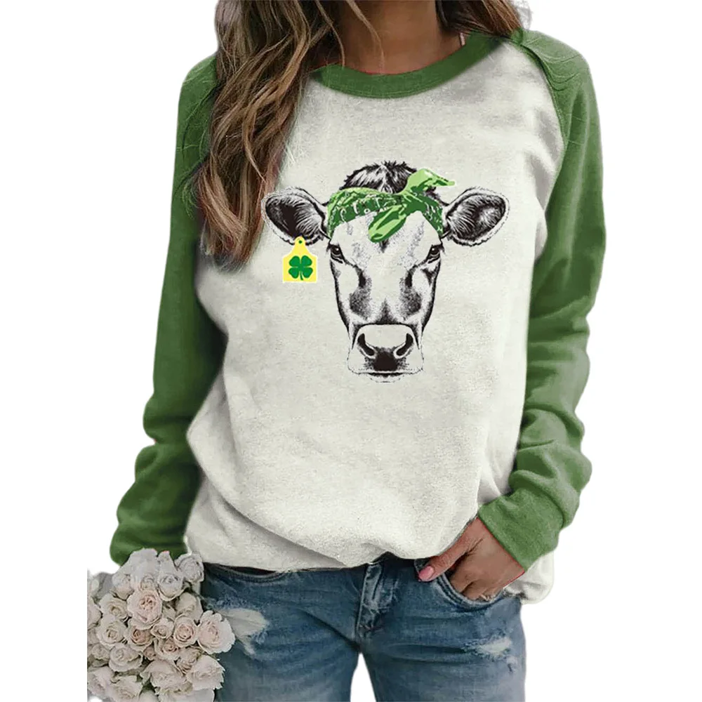 

Carney European and American cross border women's sweater Amazon popular leaf cow head printed round neck long sleeve sweater