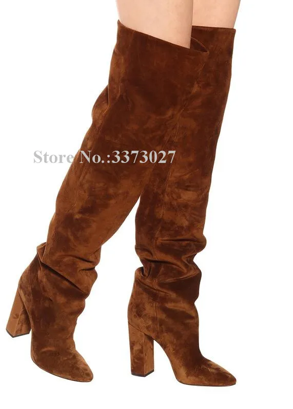 

Fashion Suede Pleated Chunky Heel Long Boots Women Pointed Toe Thick Heel Knee High Boots Lady Popular Party Shoes Dropship