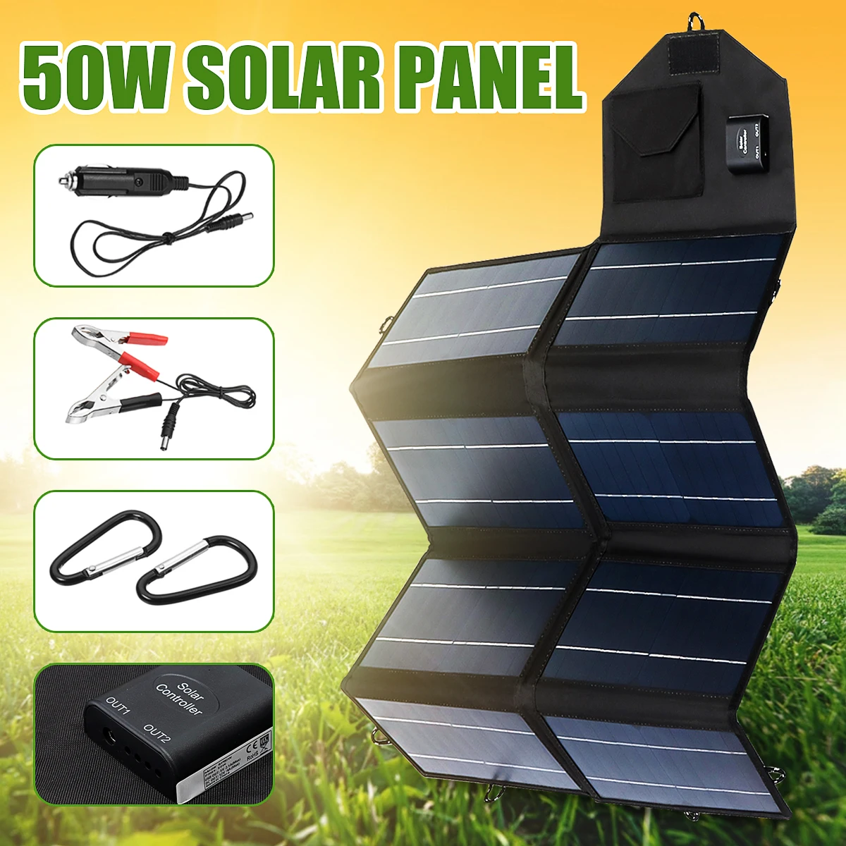 

Portable 50W 12V Solar Panel Dual USB Folding Waterproof Charger Mobile Power Bank for Phone Battery Port for outdoor activitie