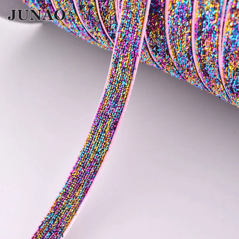 Mix Color JUNAO 5Yard* 10 мм Радужная цветная лента с блестками для шитья волос лента для отделки одежды блестящая AB тканевая лента для изготовления головных уборов - Цвет: Mix Color