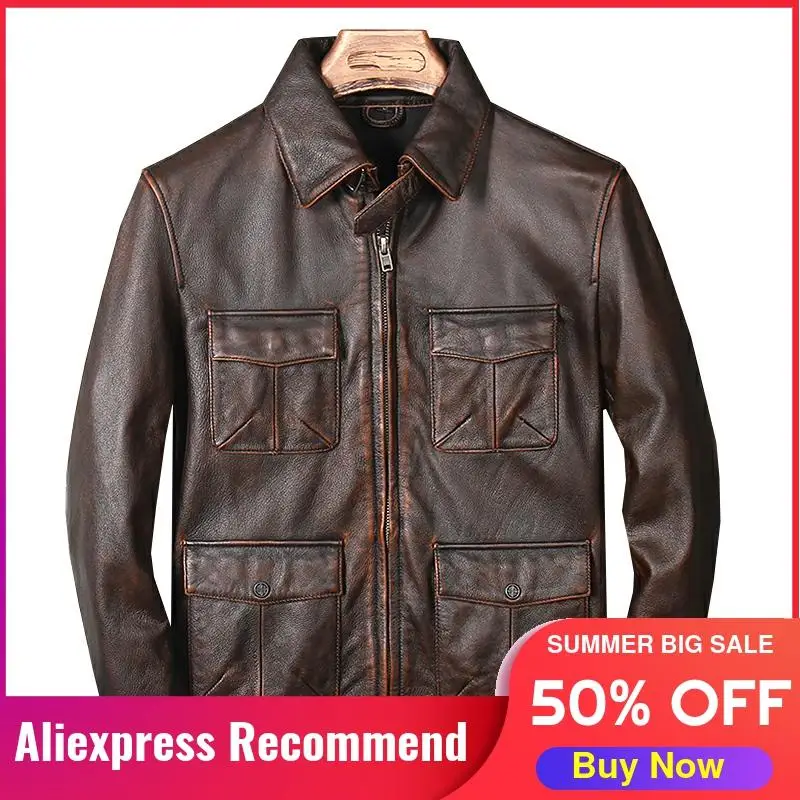 

2021 Vintage Brown M65 Style Genuine Leather Jacket Men Plus Size 4XL Real Cowhide Autumn Slim Fit Natural Coat