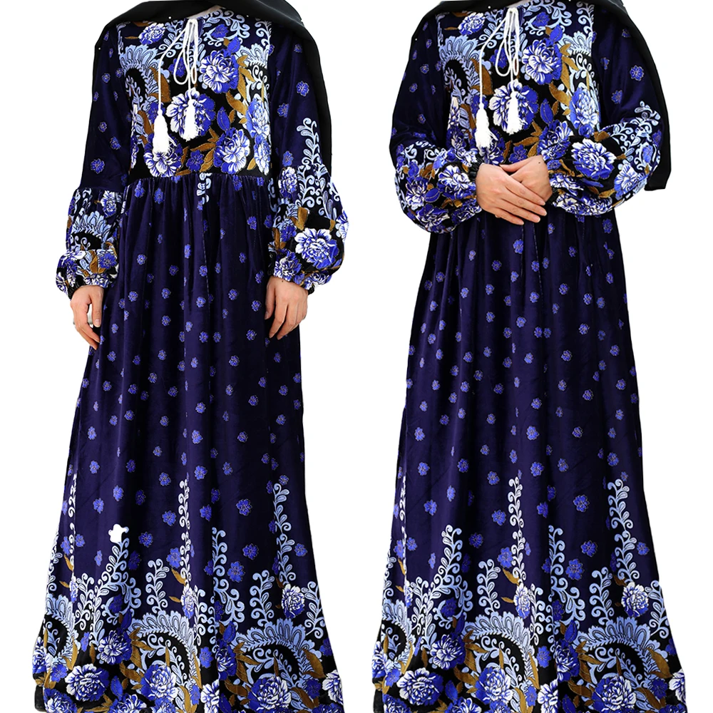 

Plus Size Abaya Velvet Long Dress Muslim Women Maxi Jilbab Kaftan Floral Print Cocktail Gown Party Robe Arab Loose Abayas Dubai