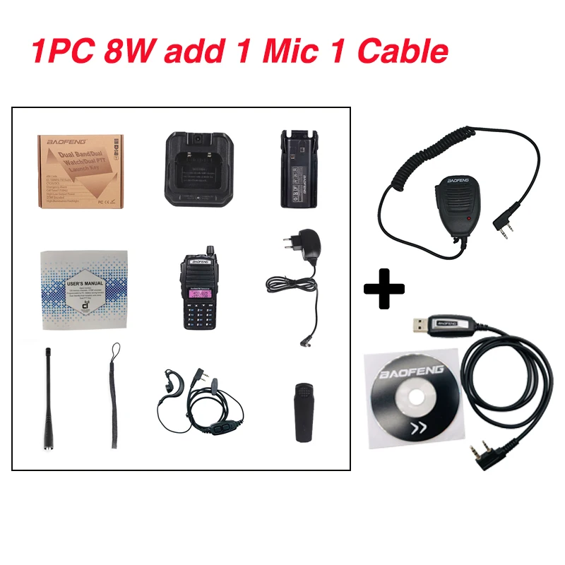 add 1mic 1cable 8 Вт Baofeng UV-82 двухдиапазонный двухсторонний радио UV82hp портативная рация 10 км переносной CB Ham Радио VHF/UHF FM приемопередатчик коммуникатор - Цвет: add 1mic 1cable