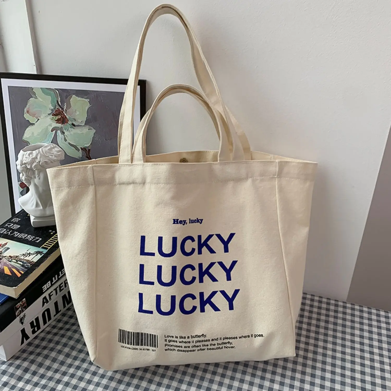 

Women Bag Letter LUCKY Canvas Tote Bag Fashion Casual Hasp SOFT Shoulder Bags Handbags High-Capacity Preppy Style Girls Bag