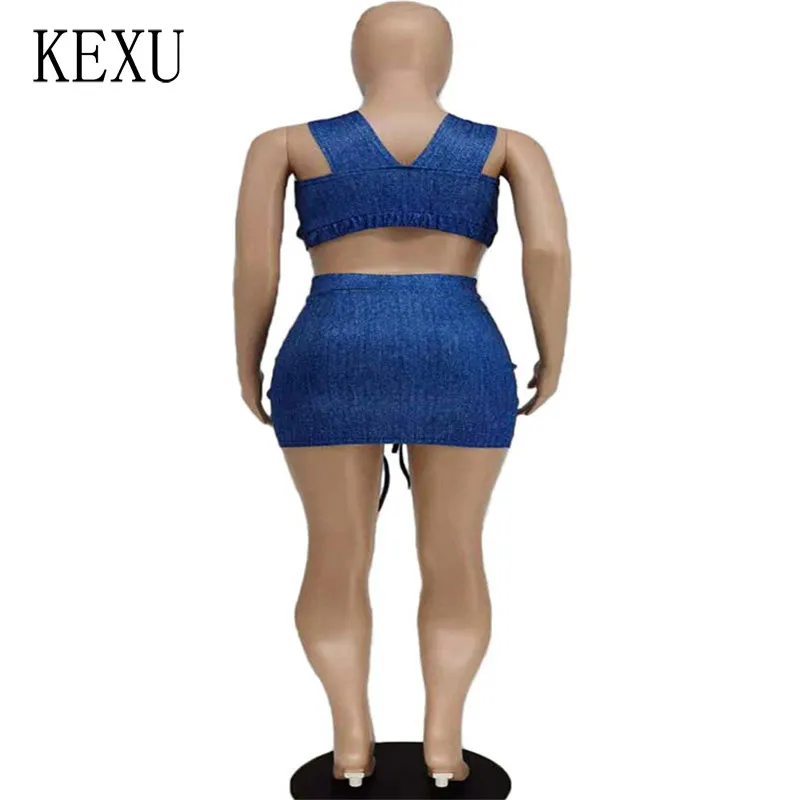 

KEXU Cowboy Sexy Two Piece Suits Hollow Out Off Shoulder Sleeveless Tanks Top and Bag Hip Drawstring Pleated Skirts Casual Club