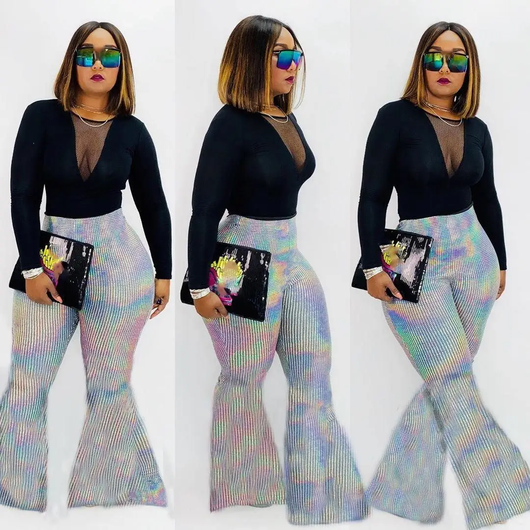 Fall High Waist Trousers Sequined Pants Casual Women Long Flare Pants Loose Wide Leg Pant
