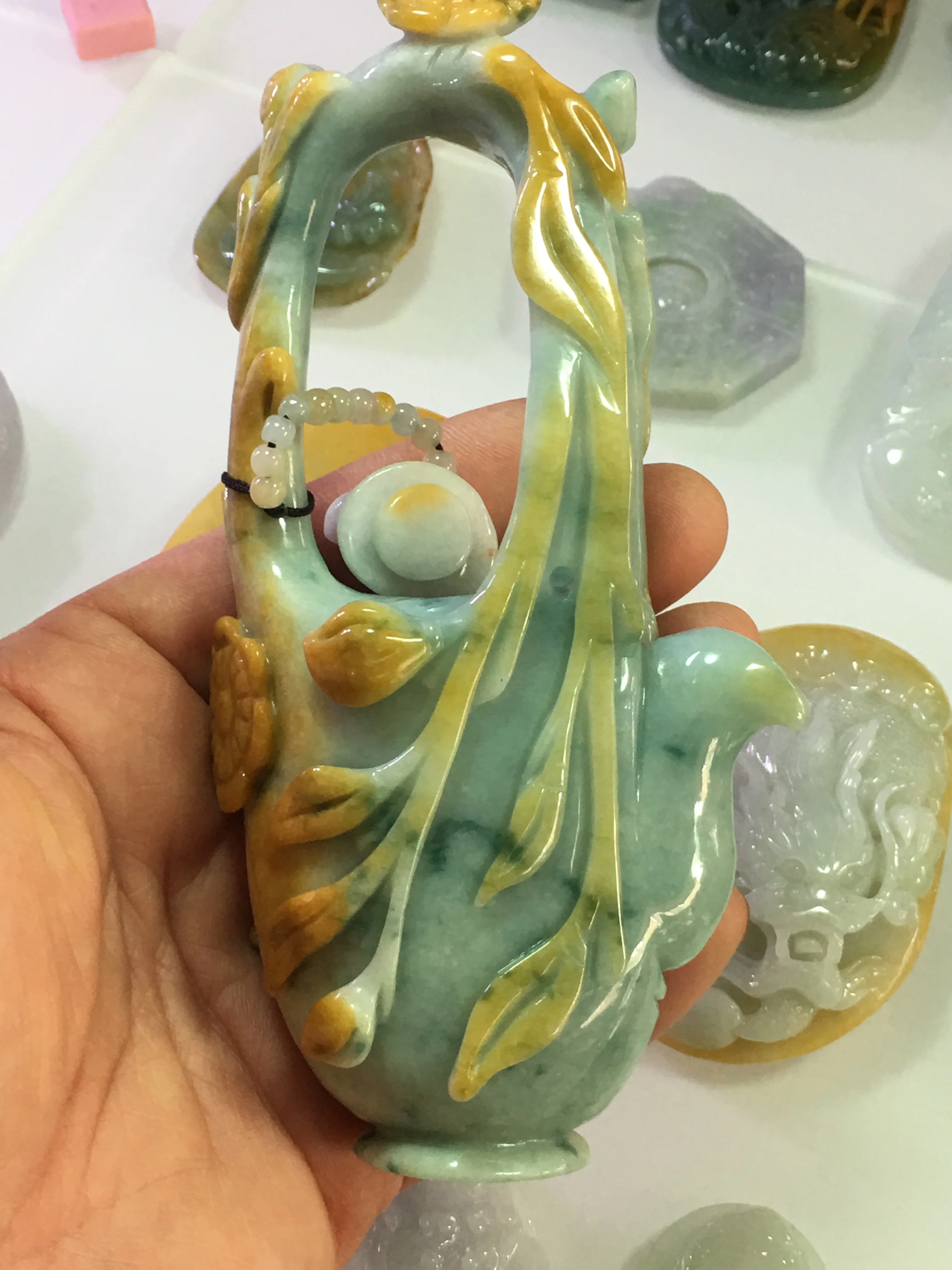 

Natural 7A Myanmar jade Handcarved kettle flower yellow green jadeite jade pendant jade necklaces pendants jewelry jade necklace