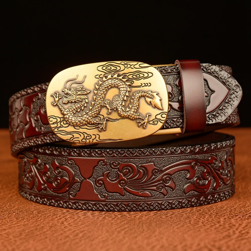 

Factory Outlet New Arrivel Dragon Pattern Buckle Belt for Men Luxury Genuine Leather Belt Men Waist Strap Tang Grass Pattern