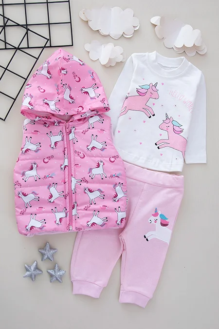 

Baby Girl Pattern Inflatable Vest Suit Modern Unicorn Pattern Cute Sweet Autumn Winter Baby Clothing Set Toddler 3-Piece