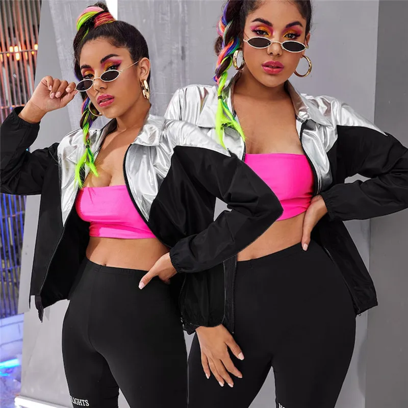 

Fashion Women Lady Autumn Stitching Colorblock Zip Jacket Coats Outwear Patchwork Causal Streetwear Loose Casual Coat Jacket Top