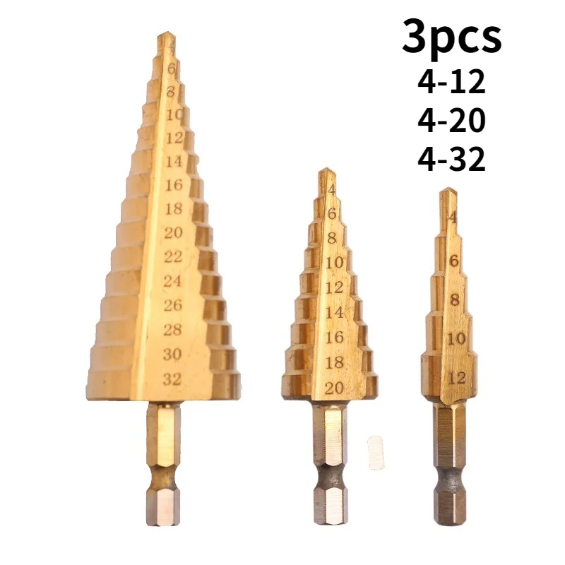 

3 шт./компл. 4-12 мм 4-20 мм 4-32 мм HSS ступенчатое сверло с прямым желобом с титановым покрытием для дерева и металла резак для отверстий набор инст...