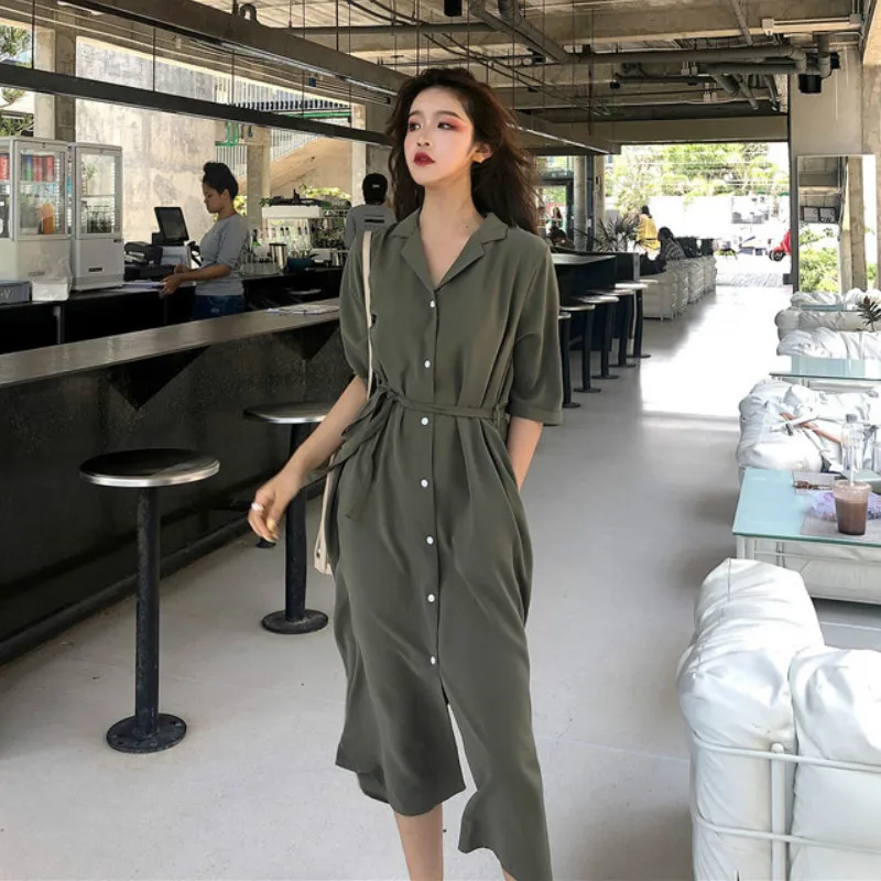 

New 2020 Summer Women's Solid High Waist Casual Loose Lace Up Long Shirt Dress Office Lady Elegant Chic Single Breasted Dresses