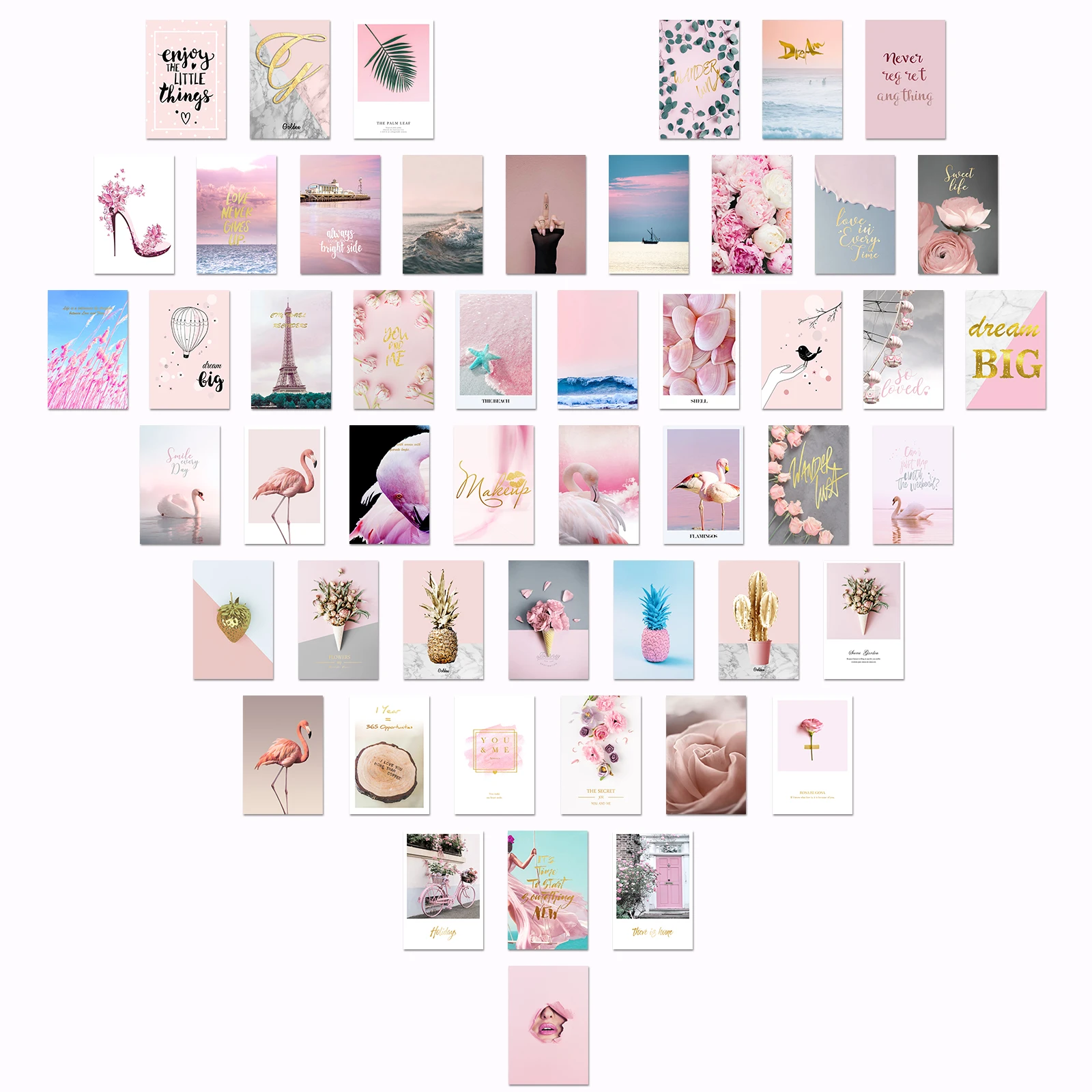 

50pcs Pink Aesthetic Postercard for Wall Collage Kit Pink Girl Heart Swan Beach Wall Art Print Rose Flower Pictures Room Decor