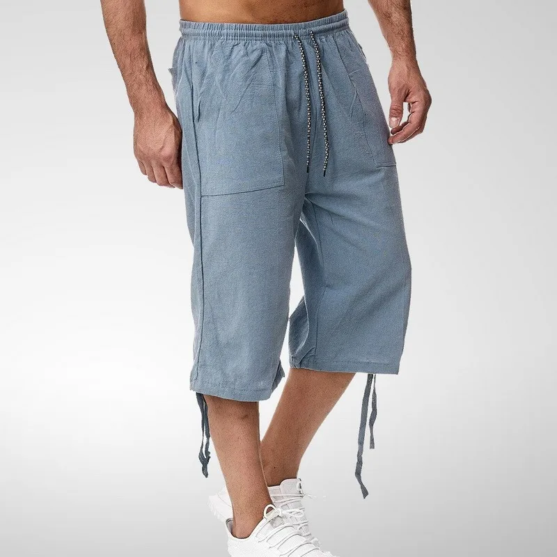 

Men Cropped Trousers Fashion Summer Pants Casual Solid Drawstring Pants Elastic Waist Trousers Men's Cotton Linen Pants