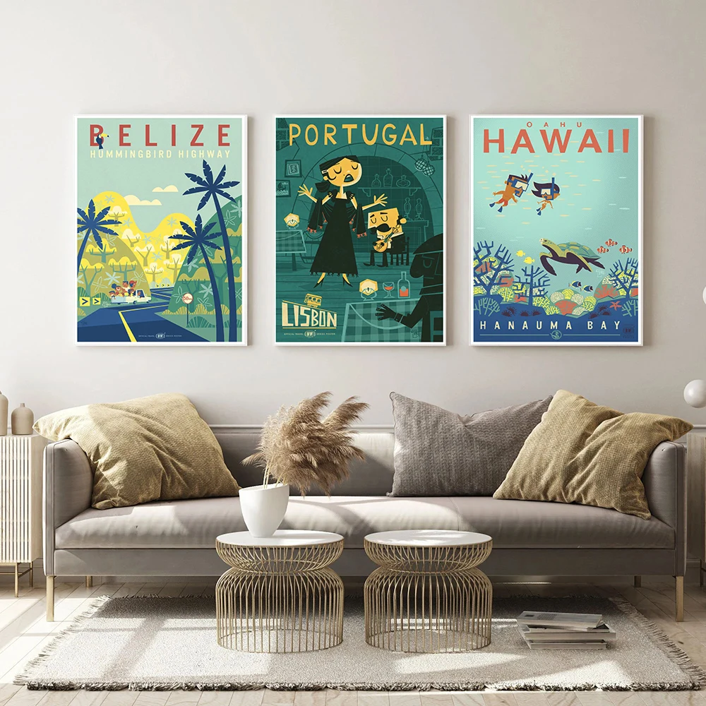 Скандинавский мультяшный постер для путешествий Япония Португалия гавайский