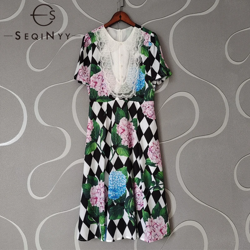 

SEQINYY Summer Dress Runway New Women Designer Fashion Lace Patchwork Purple Hydrangea Flower Print Plaid Casual Knee