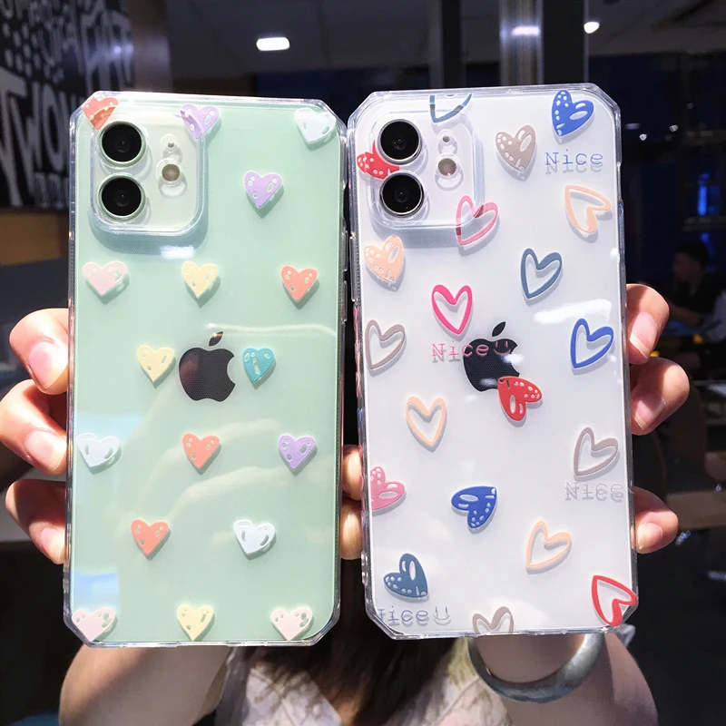 

Fashion Love Heart Transparent Soft Phone Case For iPhone 13 Pro MAX 12 11 X XS XR 7 8 Plus SE2020 Cute Cartoon Shockproof Cover