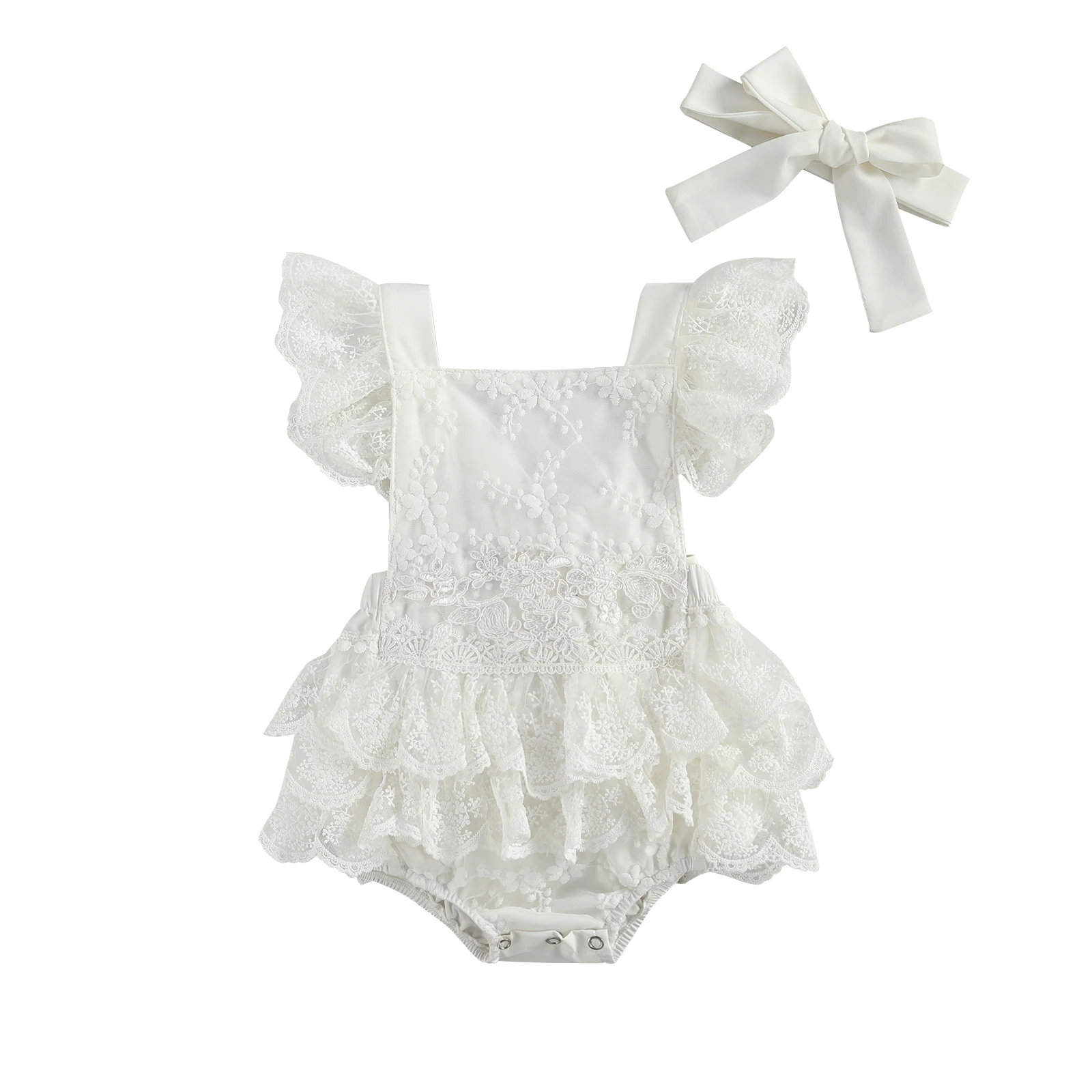 2021 Casual Summer Infant Baby Girls Outfits Cute Ruffle Sleeve Floral Lace Tutu Romper with Headband Set Fashion