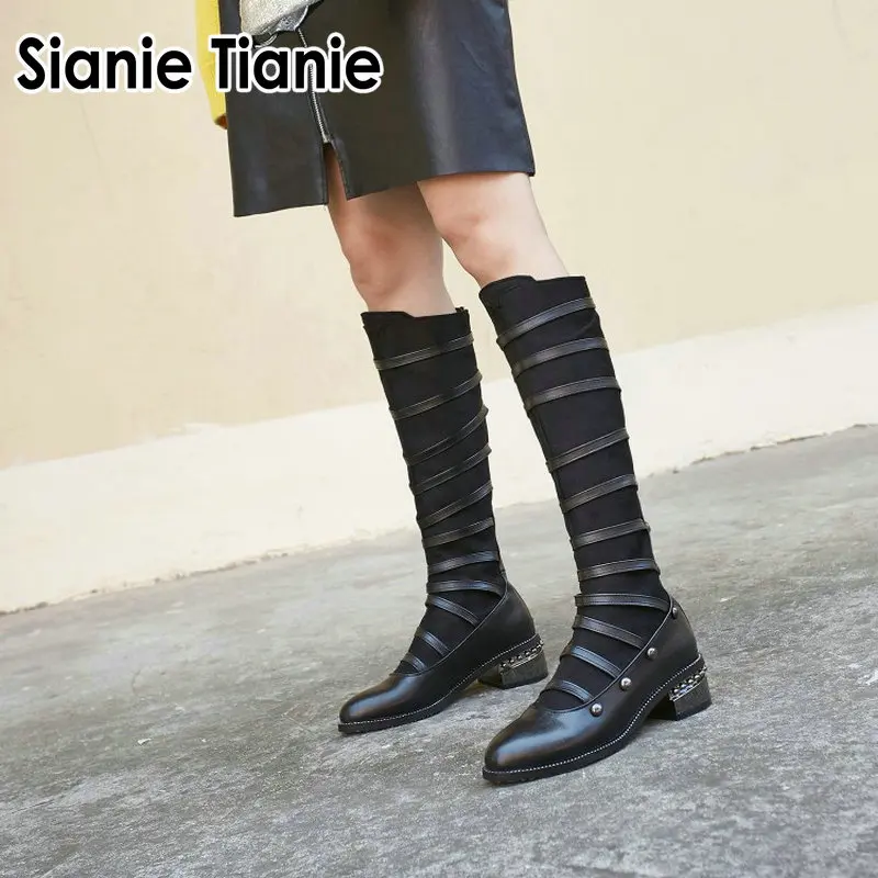 

Sianie Tianie punk stylish low heels woman mid-calf boots with strap and studded rivets women winter riding Equestrian boots