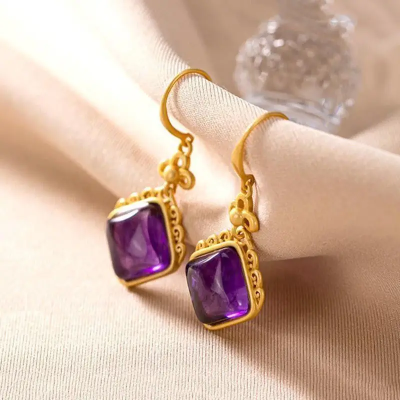 S925 Sterling Silver Gold-Plated Natural Hetian Jade Personality Pattern Geometric Women's Elegant Earrings Eardrop Earring New |