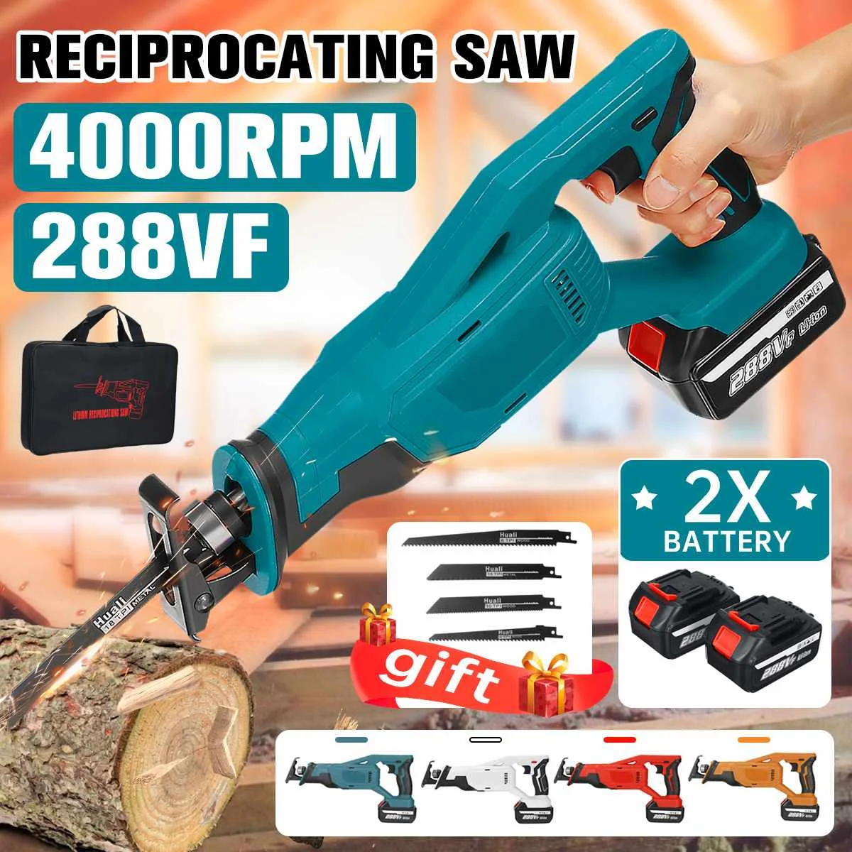 

288V Cordless Reciprocating Saw Electric Saw with 4 Blades For Wood Metal Chain Saws Cutting Power Tool with 2 Battery