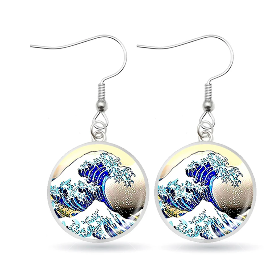 Классические канагава картина серфинг серьги японские Ukiyo e Art Blue Sea Wave висячие 3D
