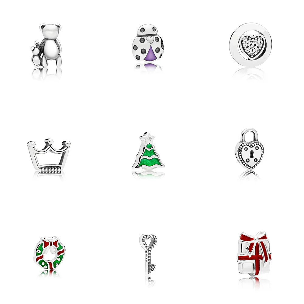 

925 Sterling Silver Beads Ladybug Bear Crown Christmas Tree For Women Diy LOCKET HANGING CHARM Pandora Charms Bracelets Necklace