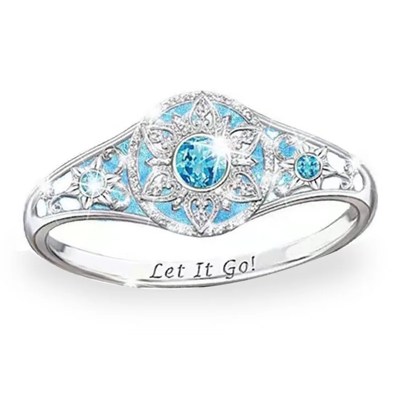 

Milangirl Silver Color Sparkling Light Blue Crystal Rhinestone Hollow Flower Engraved Words Women Ring for Wedding Jewelry
