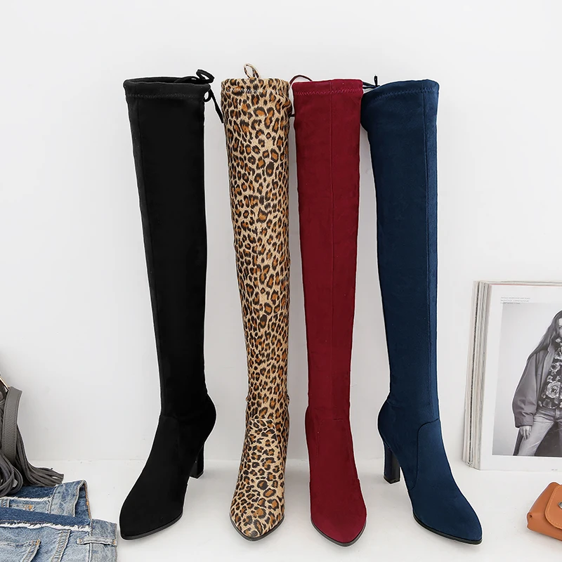 Женские сапоги выше колен с квадратным носком на среднем каблуке|Ботфорты| |