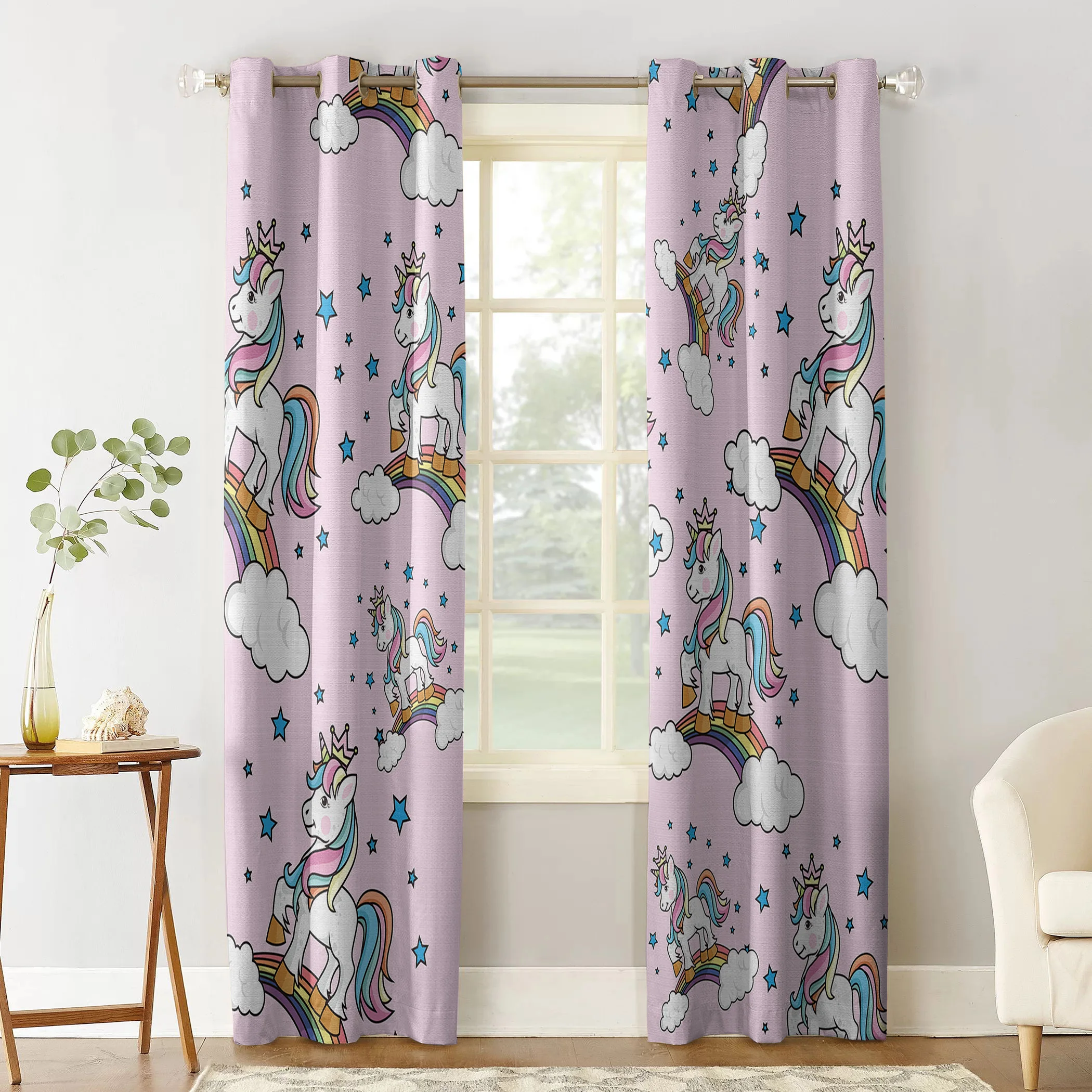 Розовая Радужная занавеска с изображением единорога затемненная для кухни