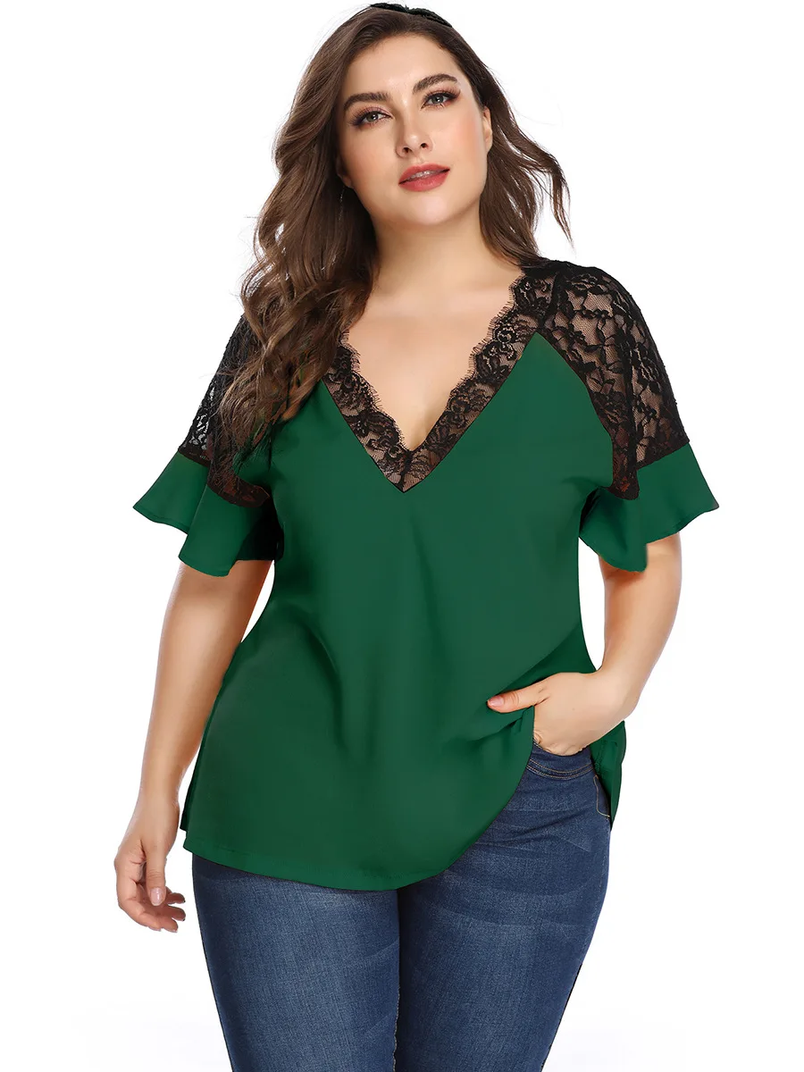 DOIB Women Large Size Tops Blouse Short Flare Sleeve Lace Patchwork Oversize Tops Shirt Summer Plus Size Blouse 4XL