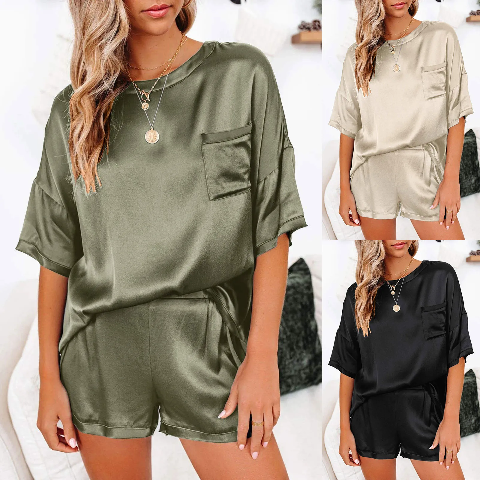 

Summer Sets For Women 2021 Shorts Set With Pocket Summer Two Piece Loose Sleepwear Ladies Soft Casual Sling Top + Shorts Suits