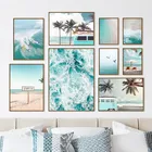 Современный синий морской пейзаж, Художественная Картина на холсте, скандинавский постер Spindrift, украшение комнаты, картина, природа, пляж, Настенный декор FJ012