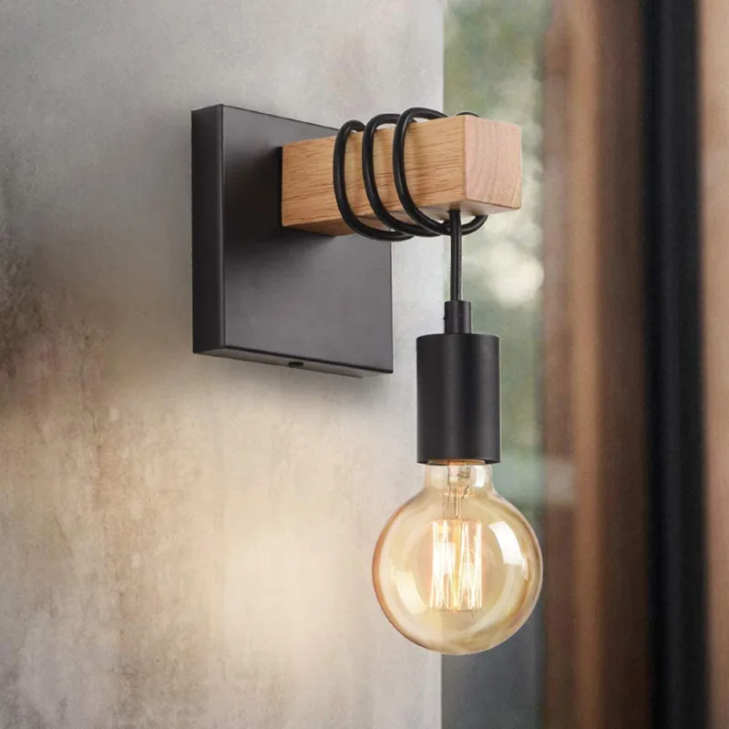 

Industrial style wood art wall lamp with dimmer switch, metal black bedroom bedside wall lamp suitable for living room