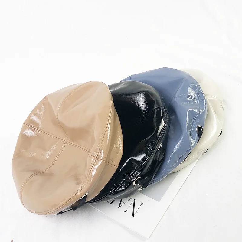 

Women PU Leather Beret Spring Autumn Female Korean Version Octagonal Hat Japanese Literature Pumpkin Hat Retro British Hat