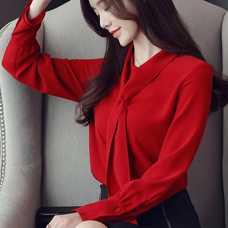 Женская блузка, офисный Топ с длинным рукавом, шифоновая блузка, blusas femininas elegante, с бантом, однотонная, с v-образным вырезом, красная одежда, женские топы 0412