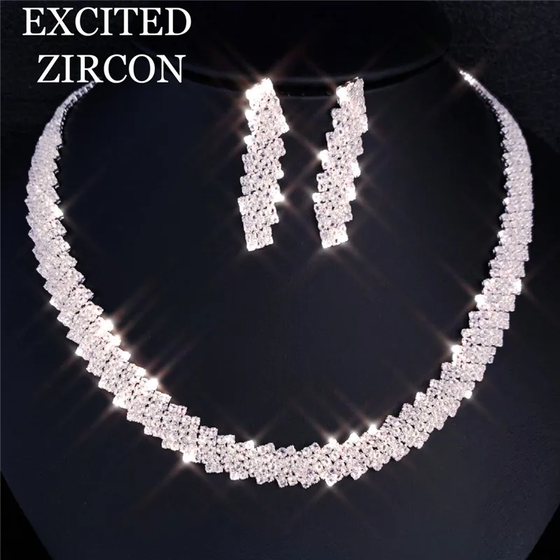 Модное женское ожерелье серьги набор медных Стразы свадебные женские